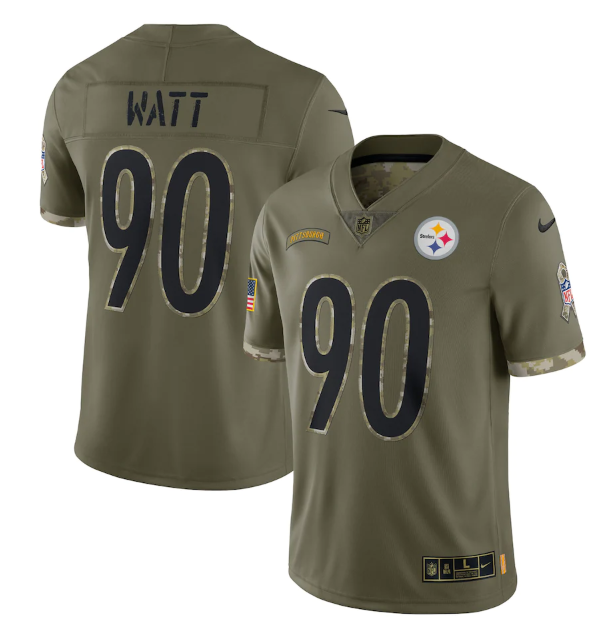Men's Pittsburgh Steelers #90 T. J. Watt Olive 2022 Salute To Service Limited Stitched Jersey Men's Pittsburgh Steelers #90 T. J. Watt Olive 2022 Salute To Service Limited Stitched Jersey